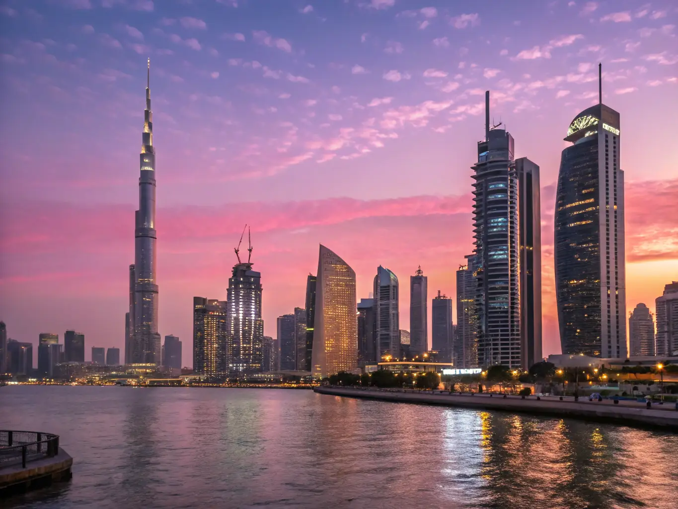 A vibrant image of Dubai's skyline at night, highlighting the Burj Khalifa and luxury hotels along Sheikh Zayed Road.