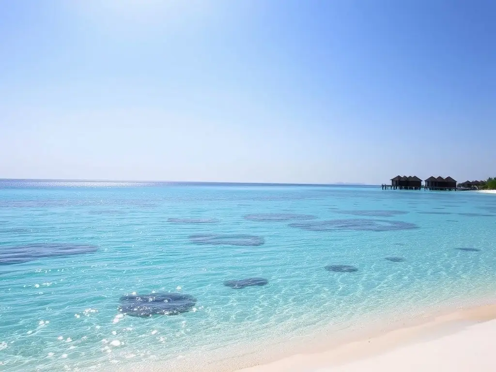 A picturesque scene of the Maldives, featuring crystal-clear turquoise waters, white sandy beaches, and overwater bungalows of luxury resorts.