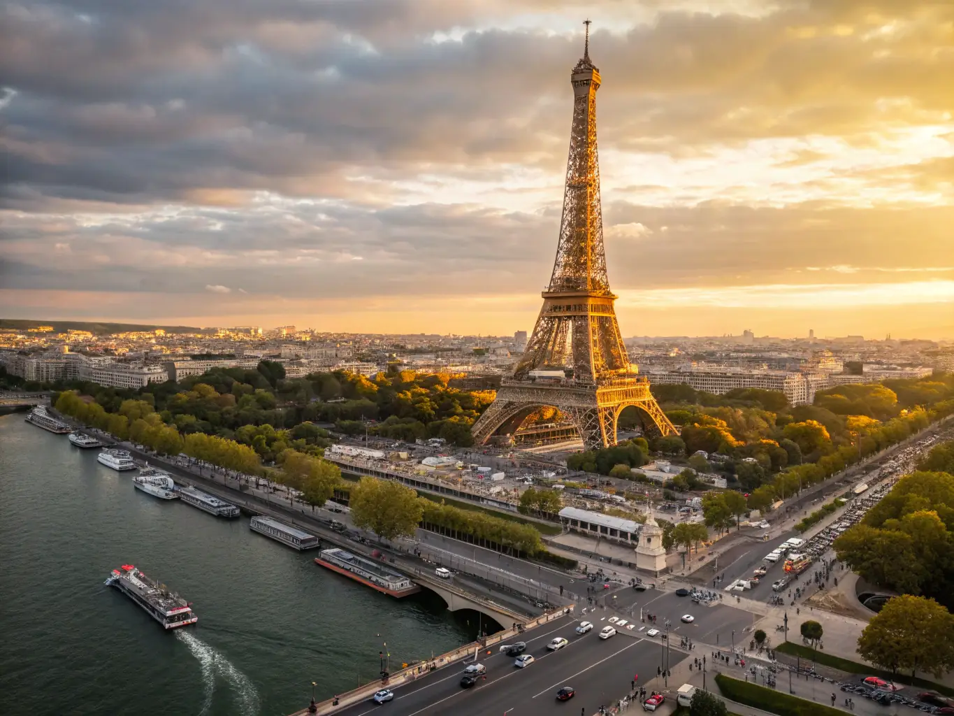 A stunning aerial view of Paris, France, showcasing the Eiffel Tower and the Seine River, with luxury hotels visible along the riverbanks.